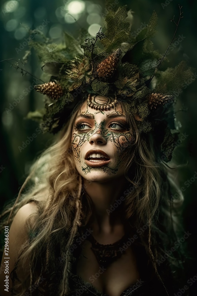 Portrait of a beautiful fairy girl with a creative make-up in the forest.  
