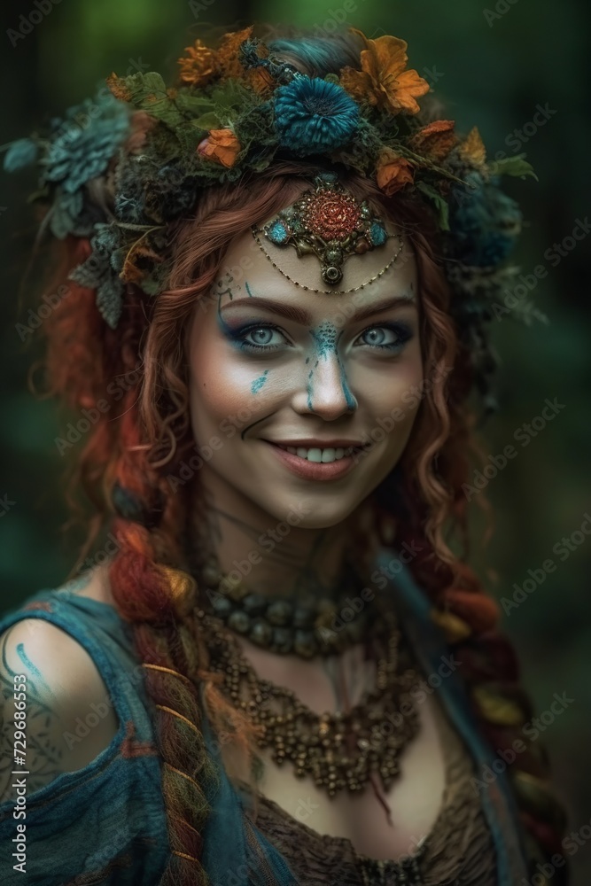 Fantasy portrait of a beautiful fairy girl with creative make-up. 