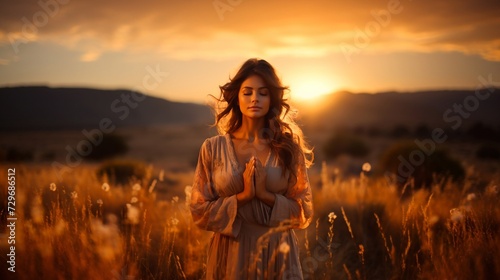 Young woman in prayer against a background of the setting sun.