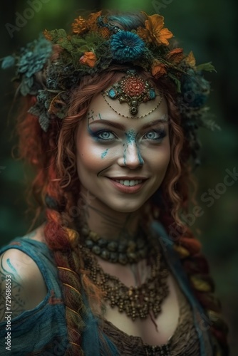 Fantasy portrait of a beautiful fairy girl with creative make-up. 