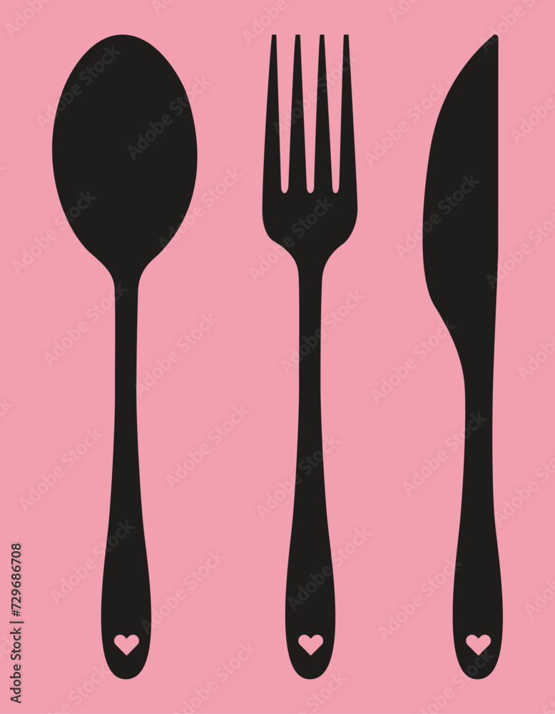 Set of a cute black cutlery - spoon, fork and knife with heart detail Set of a cute black cutlery - spoon, fork and knife with heart detail