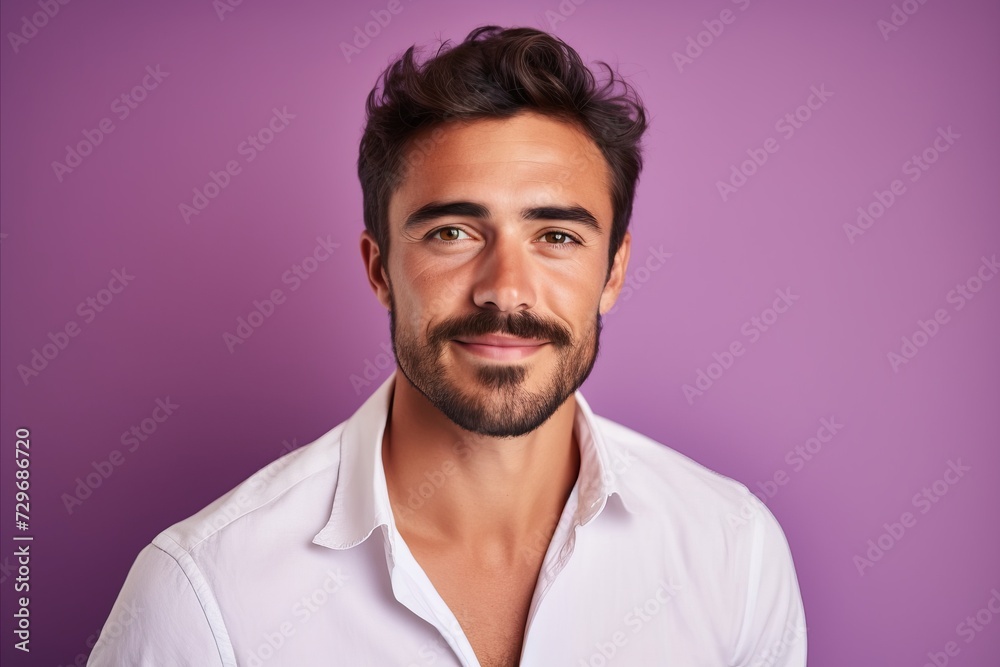 Portrait of a handsome young man in a white shirt on a purple background. Portrait of a handsome young man in a white shirt on a purple background.