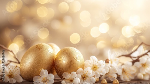 Golden Easter eggs on light backdrop, banner template, Easter greetings and gifts