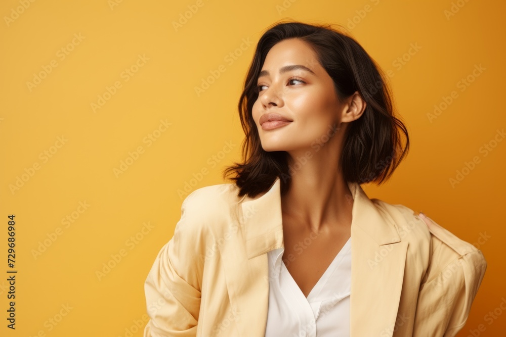 Portrait of beautiful young asian woman in yellow jacket on yellow background Portrait of beautiful young asian woman in yellow jacket on yellow background