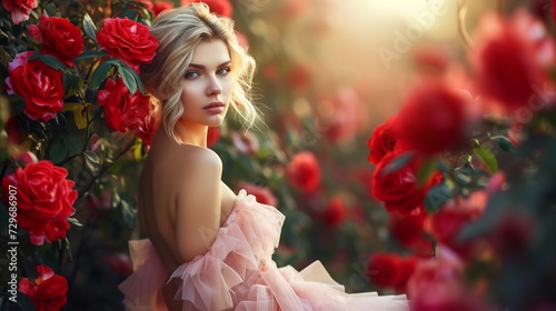 Beautiful young woman in roses flowers in pink dress  romantic background. Blond young woman leaning on pillow in red roses garden outdoor in spring.