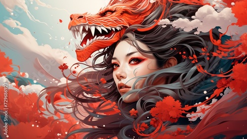 Chinese style dragon head and girl, oriental style multicolor illustration.