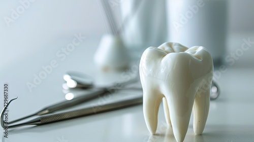Sunlight streams onto dental tools and an educational molar tooth model in a bright  modern dental office.