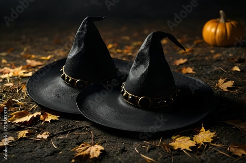 Dos sombreros negros puntiagudos de bruja. Con hojas amarilas. Fondo tematico de halloween  photo