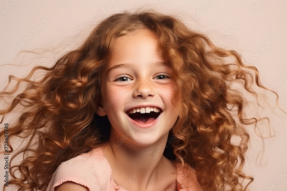 Portrait of a happy little girl with long curly hair. Studio shot. Portrait of a happy little girl with long curly hair. Studio shot.
