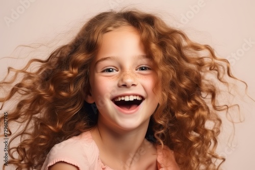 Portrait of a happy little girl with long curly hair. Studio shot.