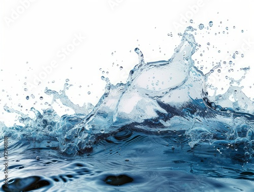 Water splashes and drops isolated on white background. Abstract background with blue water wave.