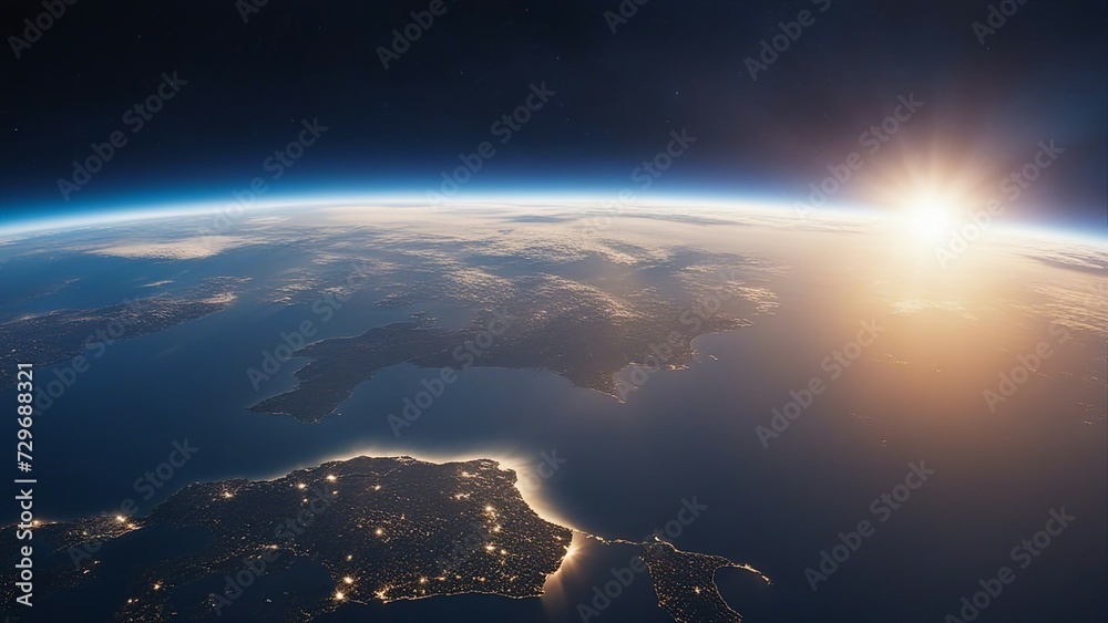 sunrise over the earth  A stunning view of the Earth from space, with a blue sunrise illuminating the planet.  