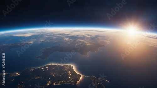 sunrise over the earth A stunning view of the Earth from space, with a blue sunrise illuminating the planet. 