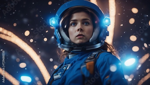  A brave girl astronaut with a blue suit and a helmet. The girl is flying in a dark space 