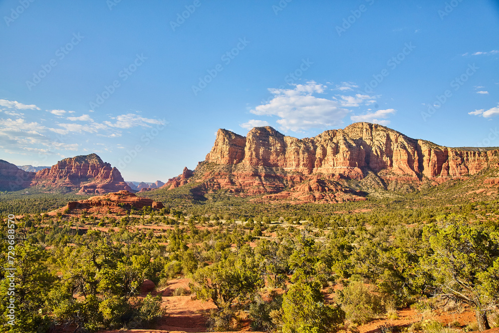 Sedona Red Rock Cliffs at Golden Hour with Greenery