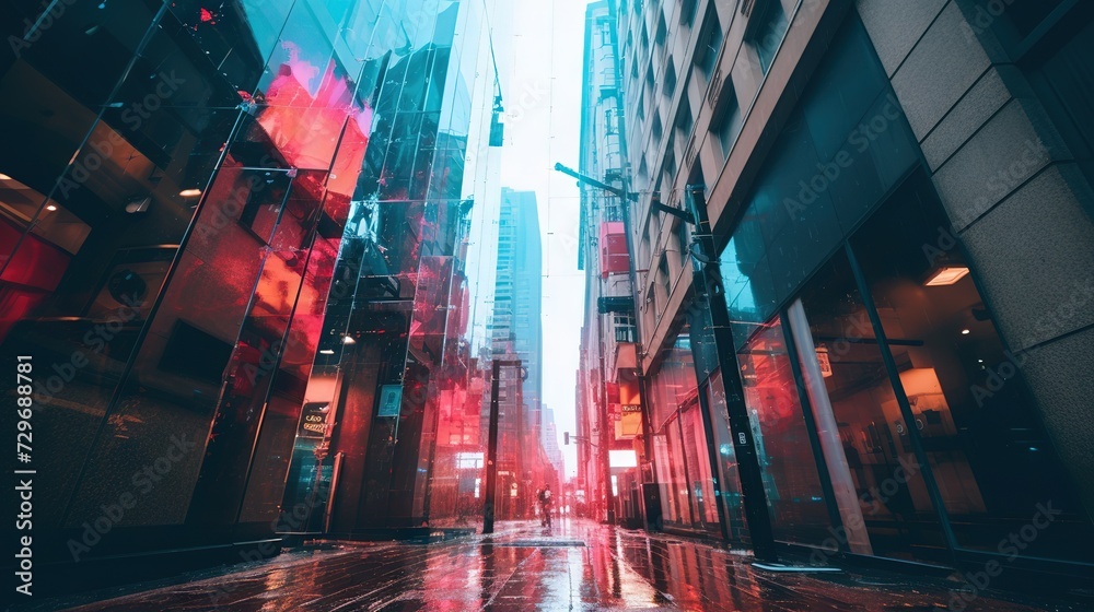 Obraz premium Rain-soaked city streets with vibrant reflections and a futuristic red glow