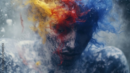 Submerged man with a burst of red and blue colors