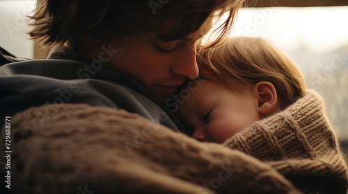 Father gently holding his sleeping child, a moment of paternal love and care