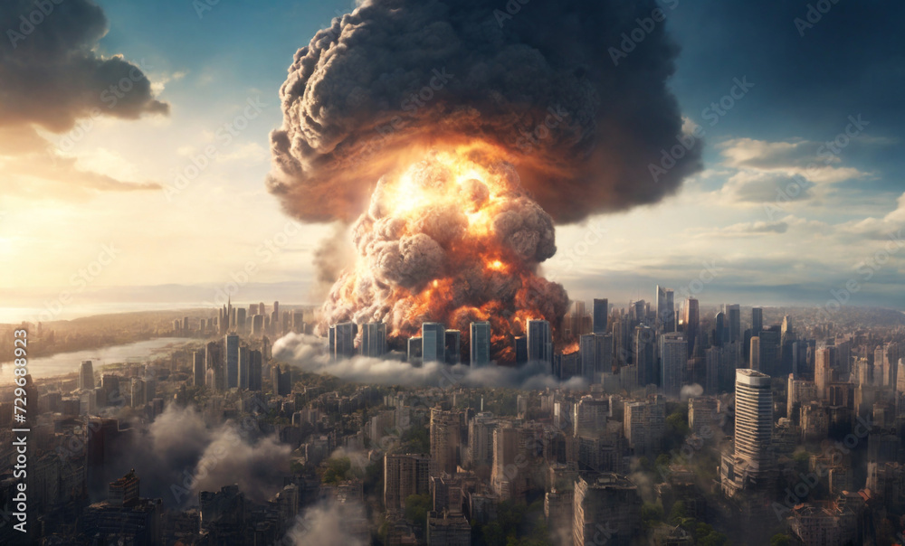 end of the world, huge bomb hot devastated motion of explosion in the city, view from sky far away, drone fly. Perfect composition, beautiful detailed , 8k photography, photorealistic , soft natural p