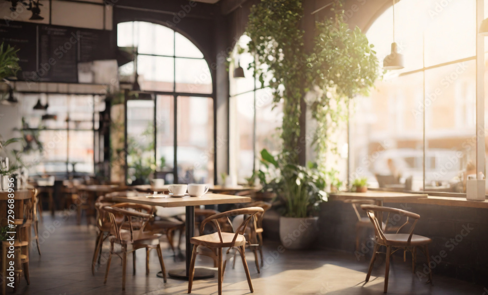 Coffee shop co-working space. Workplace in a cafe in the morning., Perfect composition, beautiful detailed , 8k photography, photorealistic , soft natural perfect light