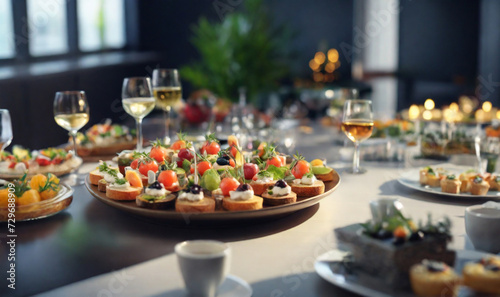 Catering in the office. Table with canapes and various snacks served on the background of a business meeting, perfect composition, beautiful detailed , 8k photography, photorealistic , soft cinematic 