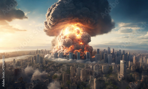 end of the world, huge bomb hot devastated motion of explosion in the city, view from sky far away, drone fly. Perfect composition, beautiful detailed , 8k photography, photorealistic , soft natural p