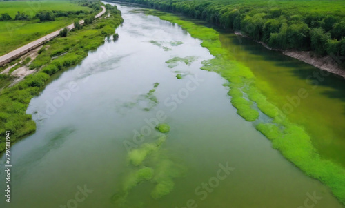 landscape with river, green stinky water pollution , drone shooting . dirty river