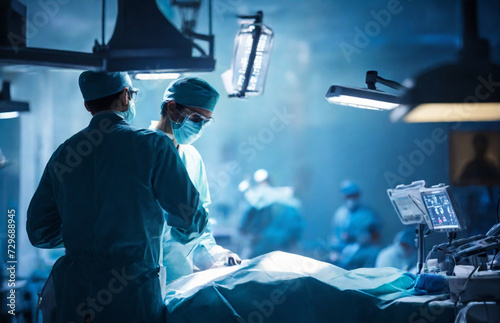 Back view silhouettes of a surgeon doing a surgical operation attentively 5 people at hospital , surgery in operating room concept image, Perfect composition, beautiful detailed , 8k photography, phot photo