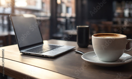 Cup of hot coffee and laptop computer on table in coffee shop with nobody for online working and telework concept, Perfect composition, beautiful detailed , 8k photography, photorealistic , soft natur
