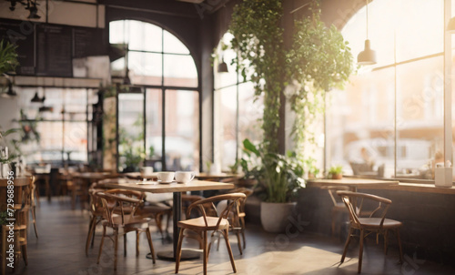 Coffee shop co-working space. Workplace in a cafe in the morning., Perfect composition, beautiful detailed , 8k photography, photorealistic , soft natural perfect light