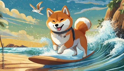 笑顔でサーフィンする可愛い柴犬 © hideki