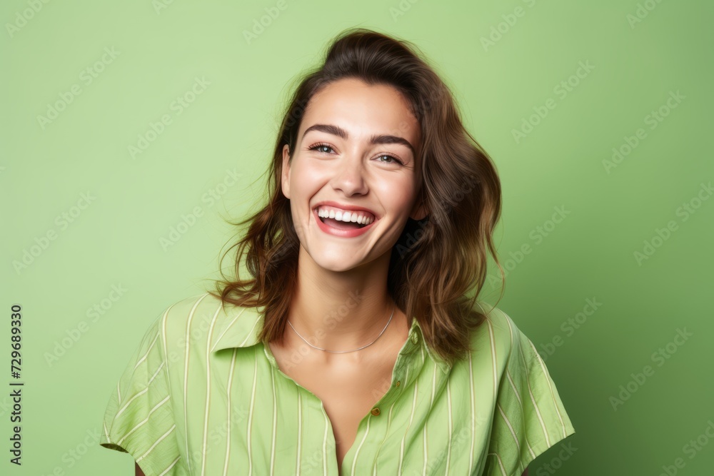 Portrait of young happy smiling woman in green shirt, over green background Portrait of young happy smiling woman in green shirt, over green background