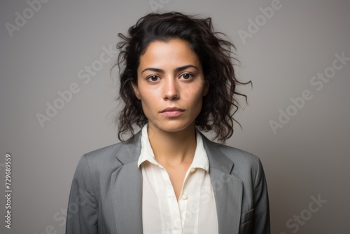 Portrait of a young business woman looking at camera over grey background