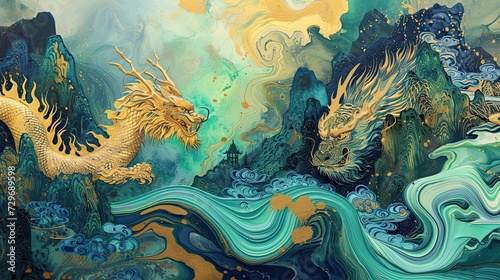 Year of the Dragon, Chinese dragon fighting Monster Nian, Spring Festival, Lunar New Year, chinese traditional painting, 3d wallpaper, landscape background, gold, blue, green, generative AI © Be Doa