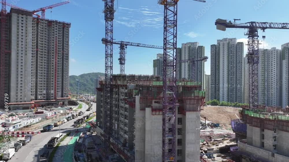 Aerial drone skyview of Hillside Rock Cavern Quarry Development in Anderson Road ,land formation construction housing project in Kwun Tong Sau Mau Ping Tseung Kwan O Kowloon Hong Kong China