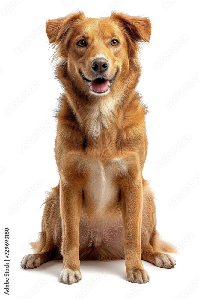 Happy mixed breed dog sitting isolated on white background.
