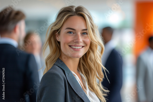Wallpaper Mural Businesswoman. Bright and engaging businesswoman networking with colleagues in a vibrant corporate setting, representing professionalism and approachability. Torontodigital.ca