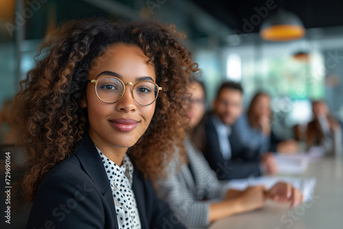 Business Team. A poised young woman with glasses leads a diverse business team in a bright, modern office setting, embodying leadership and teamwork.