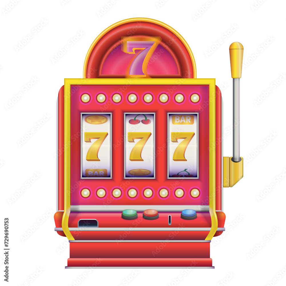 Slot machine in realistic style with lucky sevens 777. Casino Las Vegas jackpot. Colorful PNG illustration. Slot machine in realistic style with lucky sevens 777. Casino Las Vegas jackpot. Colorful PNG illustration.