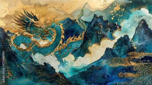 Chinese dragon, Year of the Dragon, blue dragon, 3d wallpaper, mountain and river fantasy landscape background inspired by chinese traditional ink painting, gold, blue, green, generative AI photo