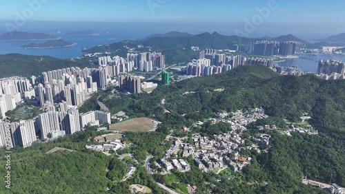 A Commercial and residential community in Lohas Park Tseung Kwan O Tiu Keng Leng Clear Water Bay Kowloon Hong Kong , Aerial Drone Top skyview photo