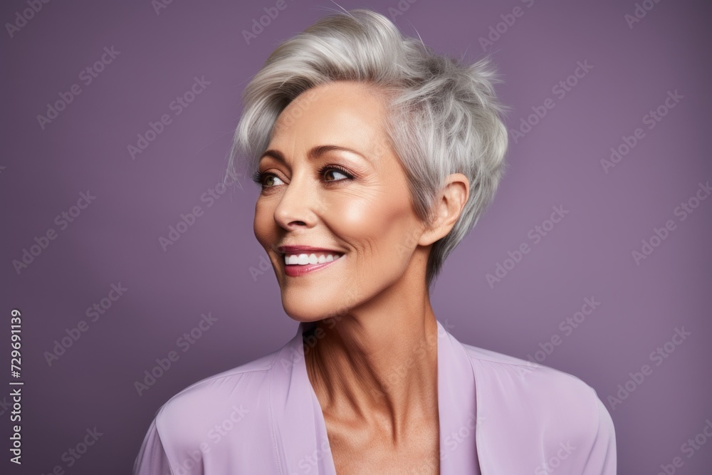 Portrait of smiling senior businesswoman with grey hair on violet background Portrait of smiling senior businesswoman with grey hair on violet background