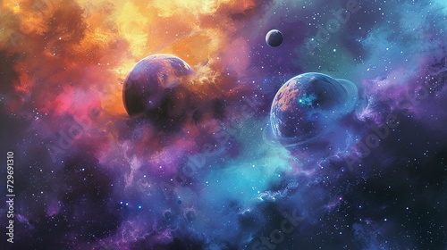 Vibrant watercolor cosmic scene with planets and nebulae. Wall art wallpaper © Jennifer