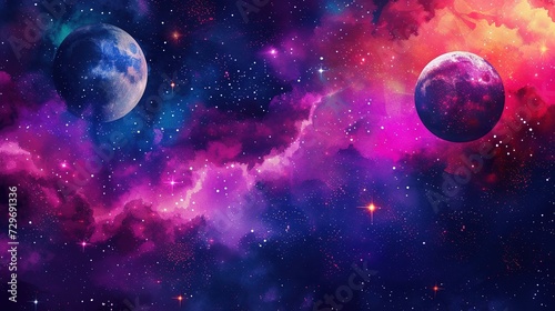 Vibrant watercolor cosmic scene with planets and nebulae. Wall art wallpaper © Jennifer