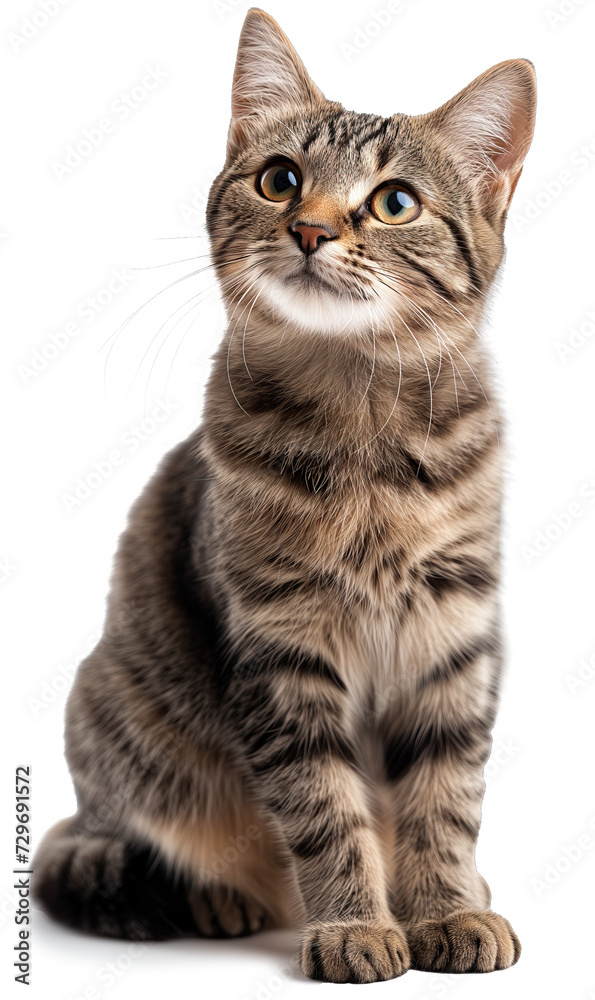 Curious tabby cat sitting isolated on white background, looking upwards with attentive gaze.
