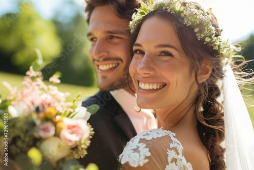 Smiling Bride and Groom with Bouquet of Flowers at a Sunny Outdoor Wedding