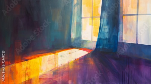Painting of a Room With Window and Curtains