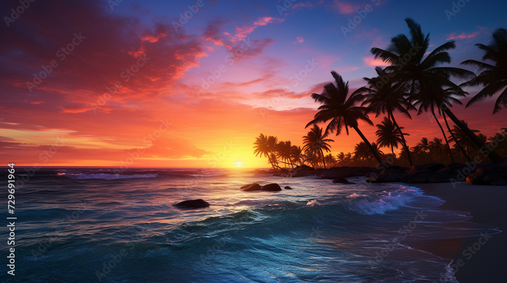 Beautiful Caribbean colorful sunset scenery on realistic sea beach background Image