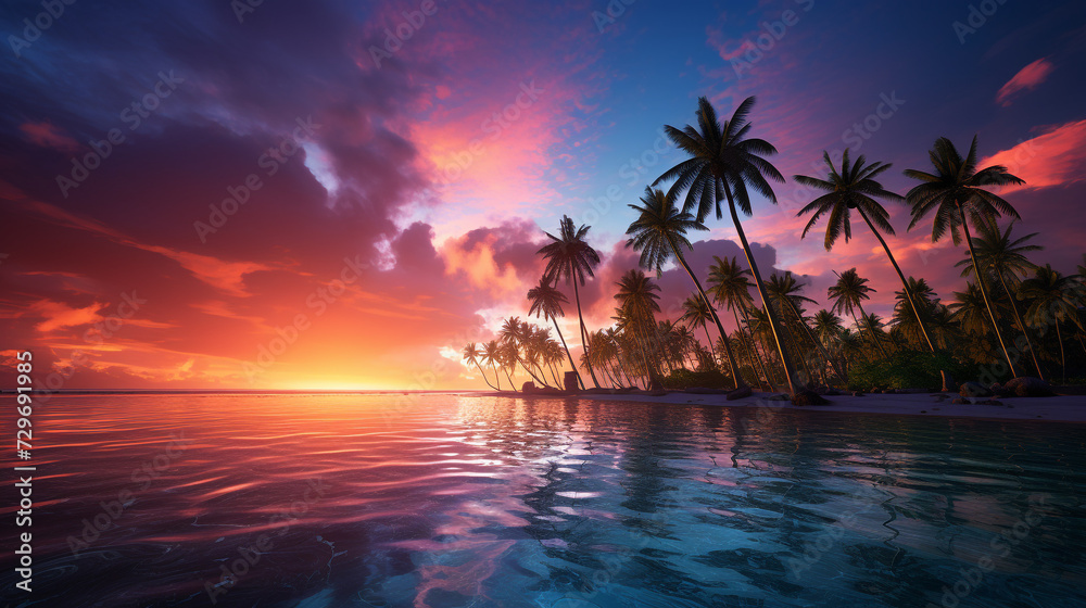 Beautiful Caribbean colorful sunset scenery on realistic sea beach background, tropical sunset beach, palm trees