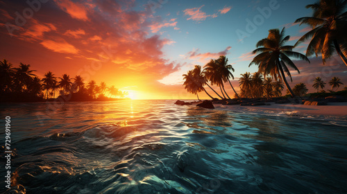sunset beach background on realistic tropical island sea beach with palm trees, Sunset beach © s1pkmondal143